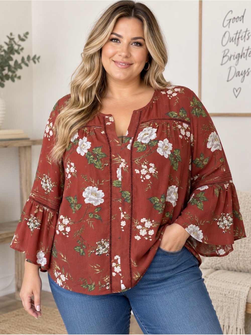 457 Fever 2X Rust Floral Boho Blouse Bell Sleeve Crochet Trim Plus Size